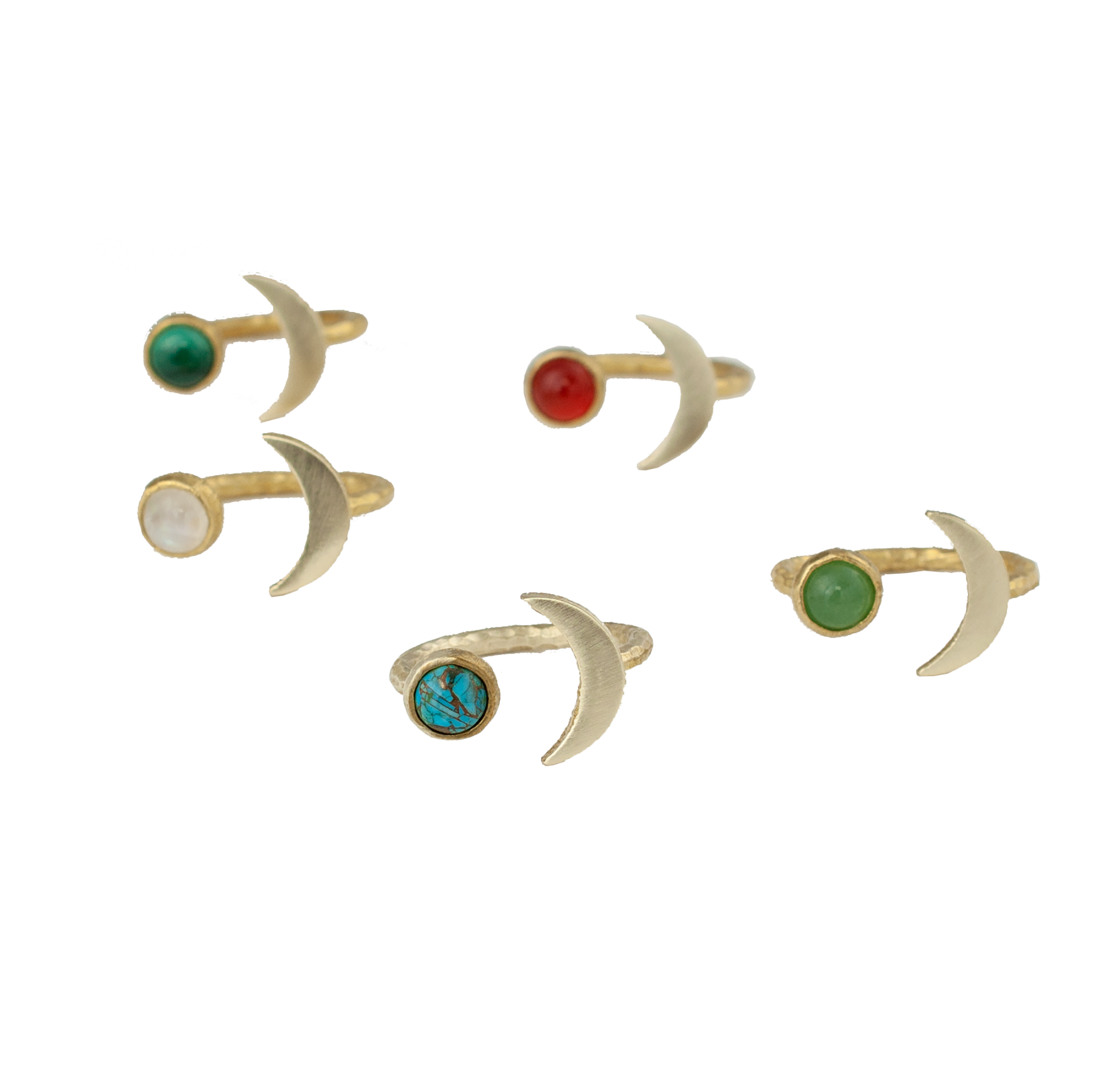 Moon shaped rings with brass and natural gemstones